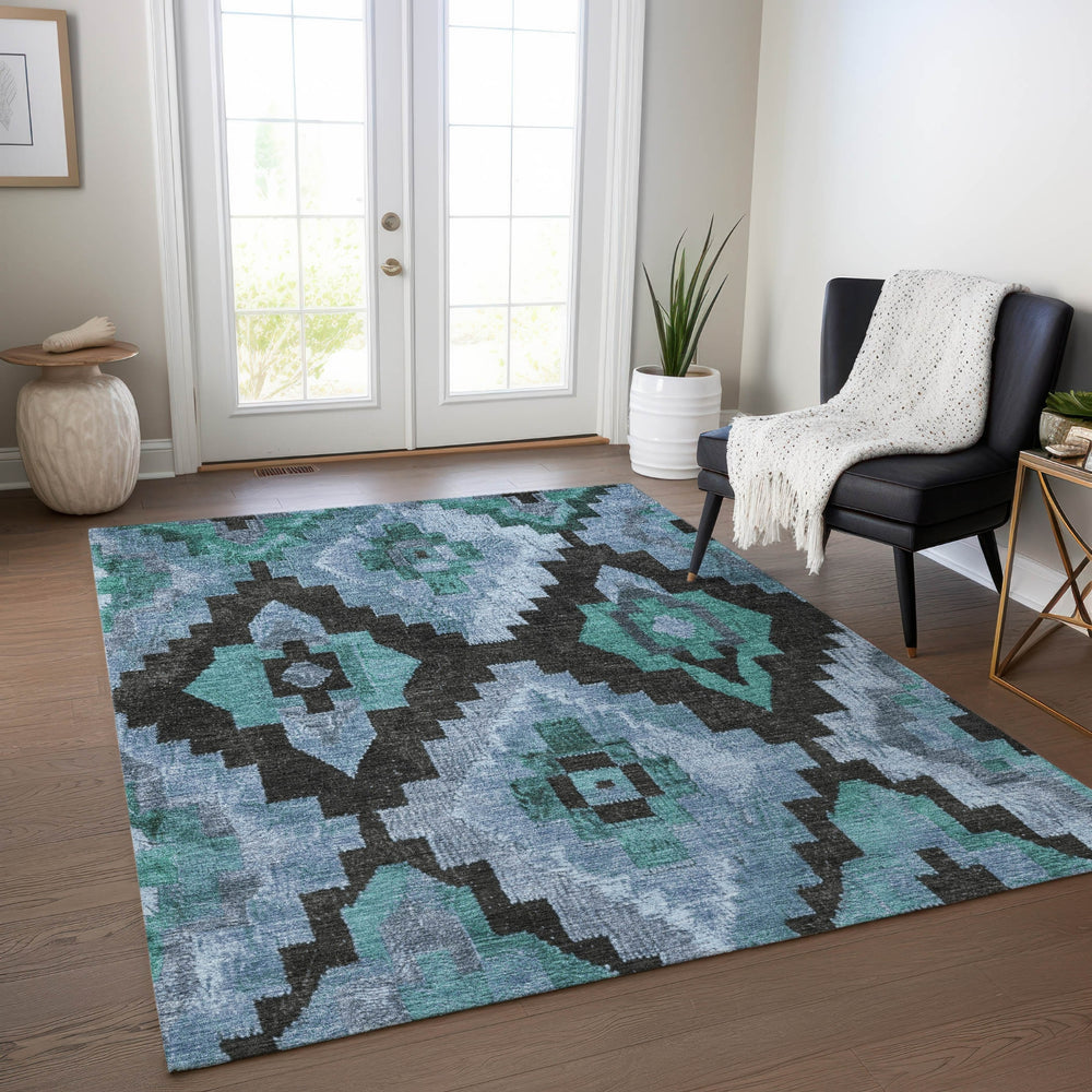 Piper Looms Chantille Aztec ACN1894 Teal Machine Washable Area Rug Lifestyle Image Feature