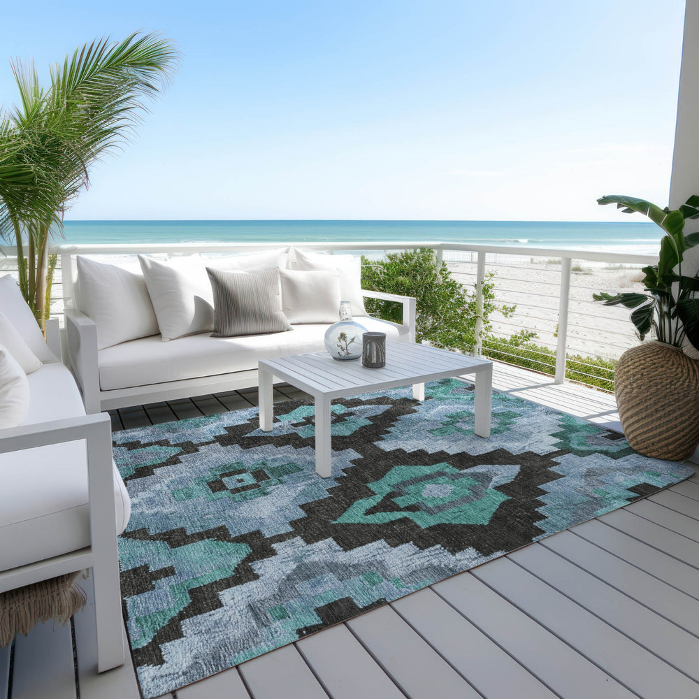 Piper Looms Chantille Aztec ACN1894 Teal Machine Washable Area Rug Outdoor Lifestyle Image Feature