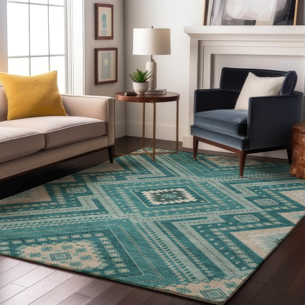 Piper Looms Mayfield Tribal AMF1010 Teal Machine Washable Area Rug Lifestyle Image Feature
