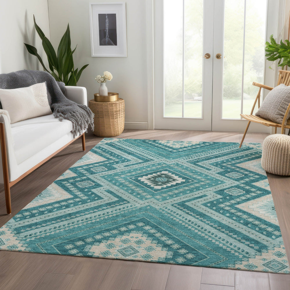 Piper Looms Mayfield Tribal AMF1010 Teal Machine Washable Area Rug Lifestyle Image Feature