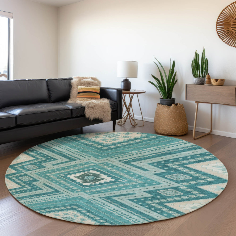 Piper Looms Mayfield Tribal AMF1010 Teal Machine Washable Area Rug Round Lifestyle Image Feature