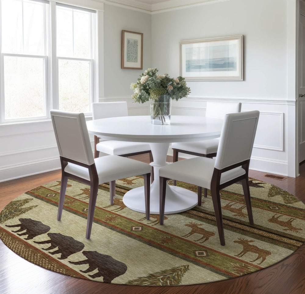 Piper Looms Mayfield Bear and Moose AMF141 Brown Machine Washable Area Rug Round Lifestyle Image Feature
