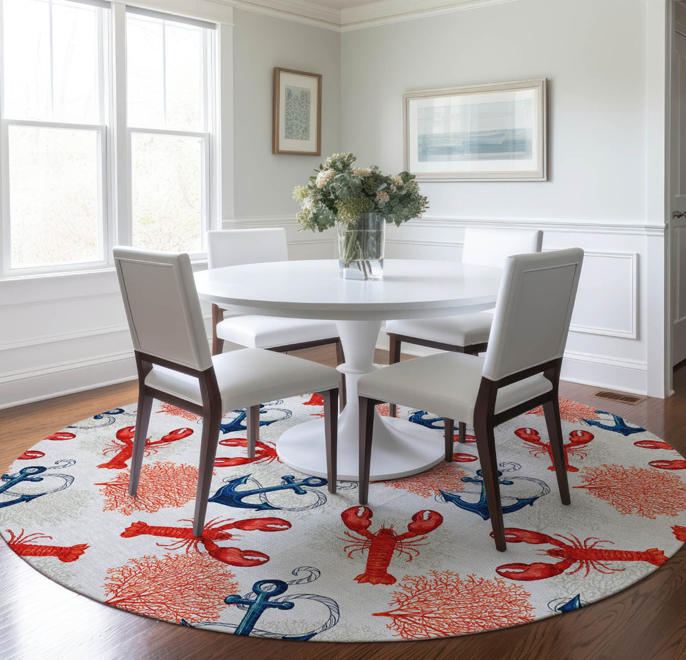 Piper Looms Mayfield Lobster: Anchor AMF149 Ivory Machine Washable Area Rug Round Lifestyle Image Feature