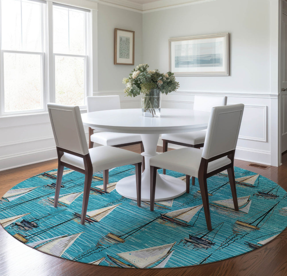 Piper Looms Mayfield Sailboat AMF153 Teal Machine Washable Area Rug Round Lifestyle Image Feature