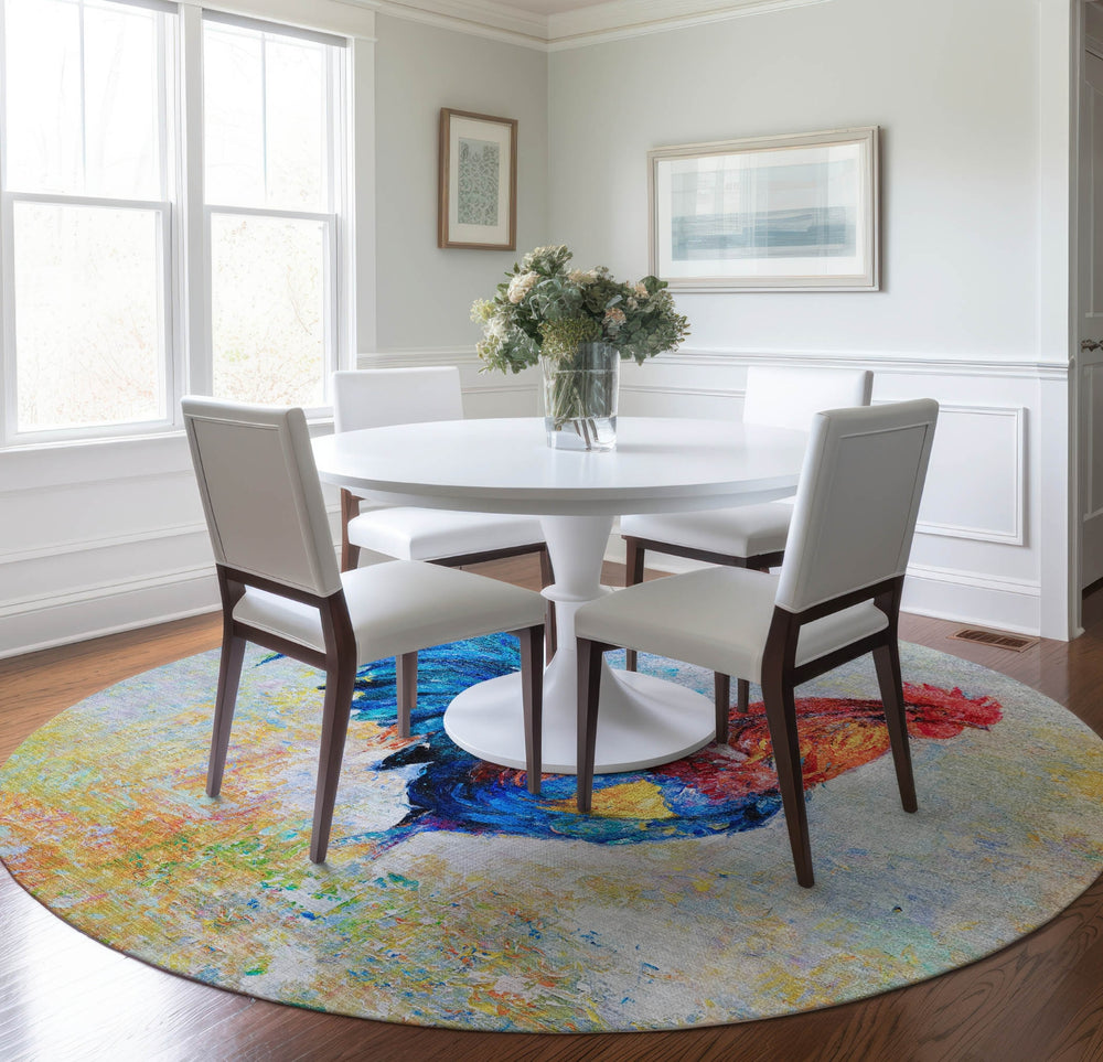 Piper Looms Mayfield Rooster AMF156 Blue Machine Washable Area Rug Round Lifestyle Image Feature