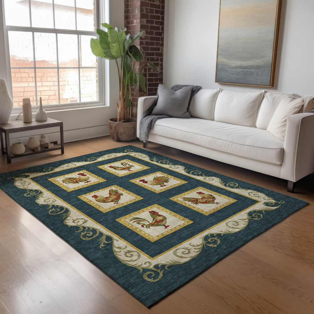 Piper Looms Mayfield Rooster Panel AMF159 Midnight Machine Washable Area Rug Lifestyle Image Feature