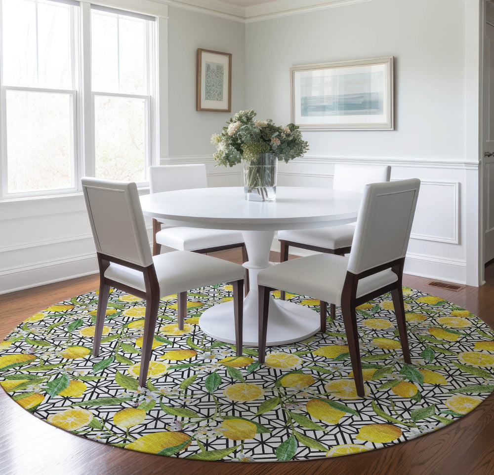 Piper Looms Mayfield Lemons AMF160 Yellow Machine Washable Area Rug Round Lifestyle Image Feature