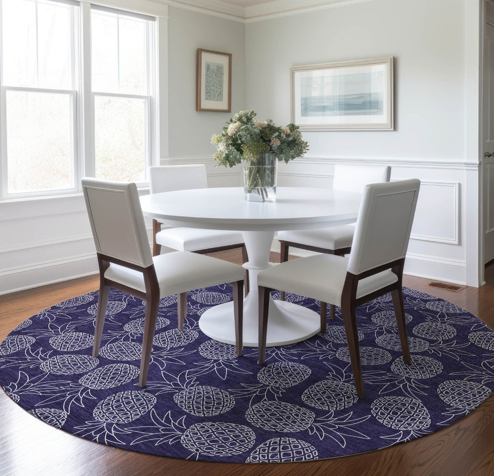 Piper Looms Mayfield Pineapples AMF161 Blue Machine Washable Area Rug Round Lifestyle Image Feature