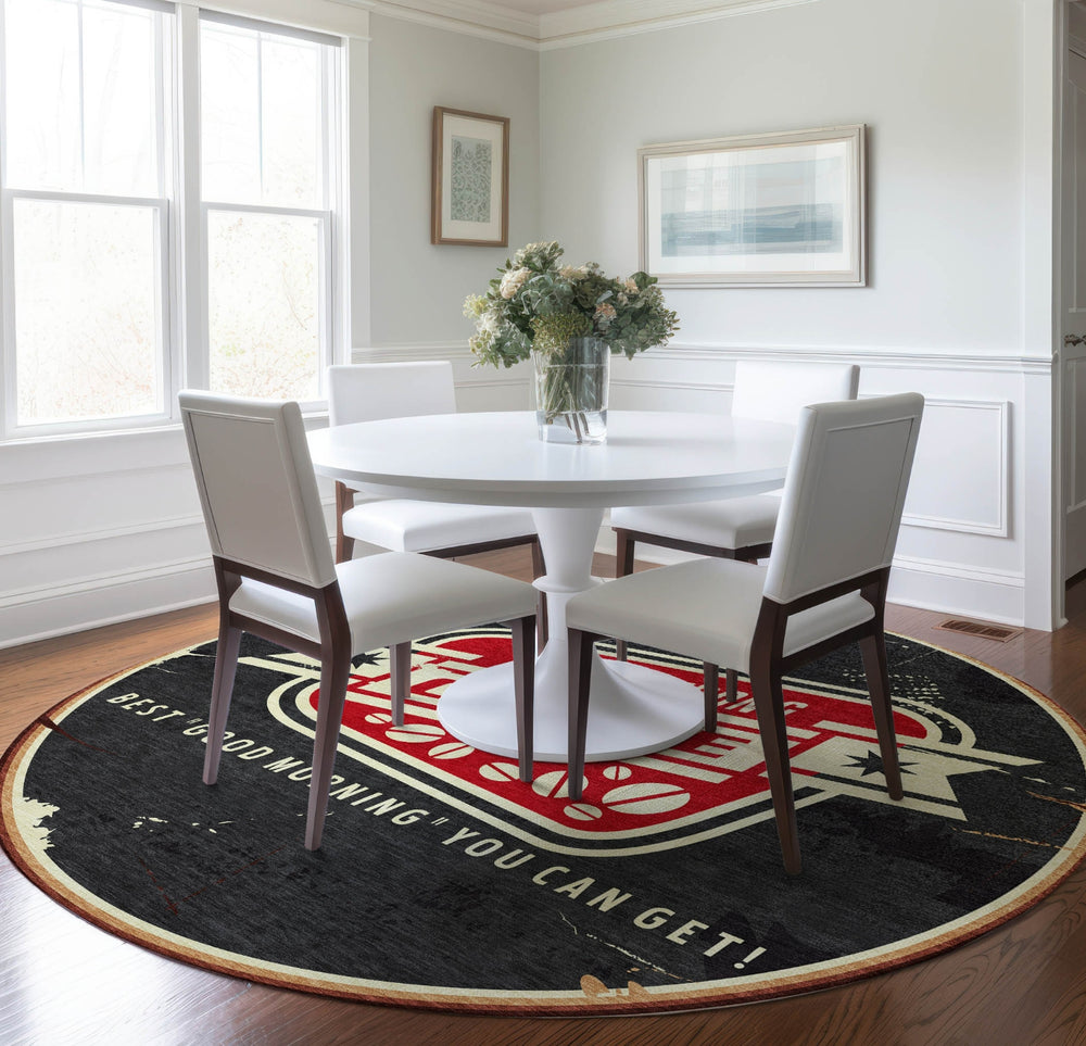 Piper Looms Mayfield Coffee Sign AMF166 Midnight Machine Washable Area Rug Round Lifestyle Image Feature