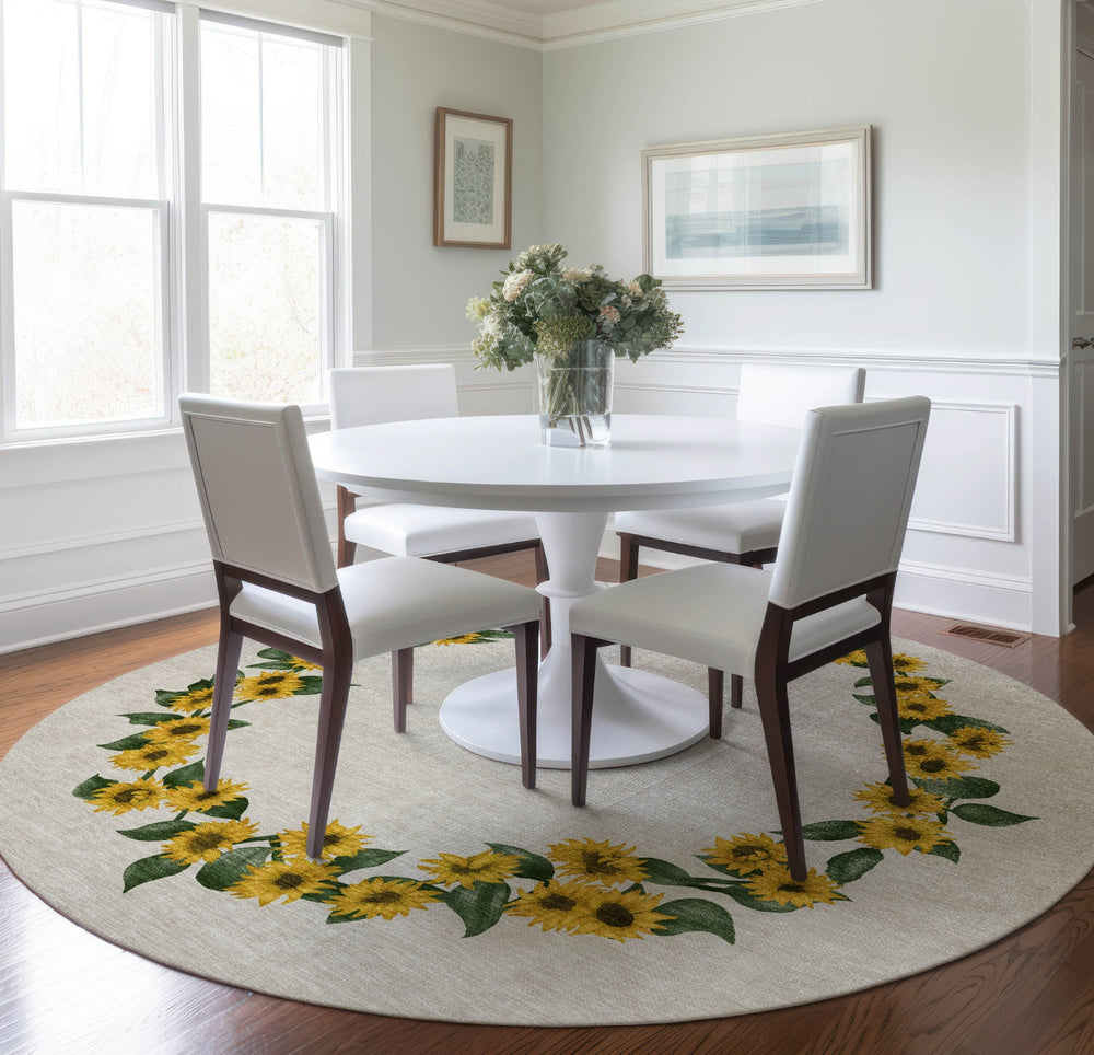 Piper Looms Mayfield Sunflower Border AMF172 Yellow Machine Washable Area Rug Round Lifestyle Image Feature