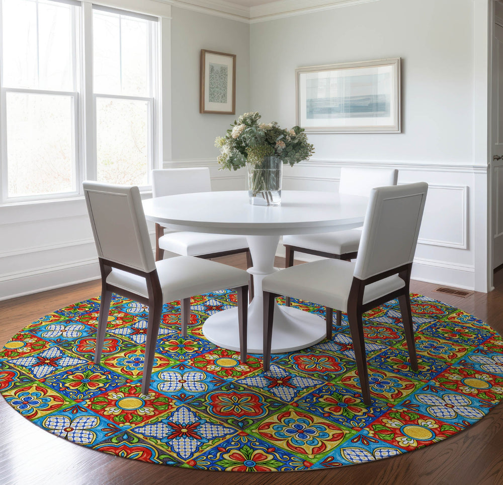 Piper Looms Mayfield Spanish Tiles AMF175 Kaleidoscope Machine Washable Area Rug Round Lifestyle Image Feature