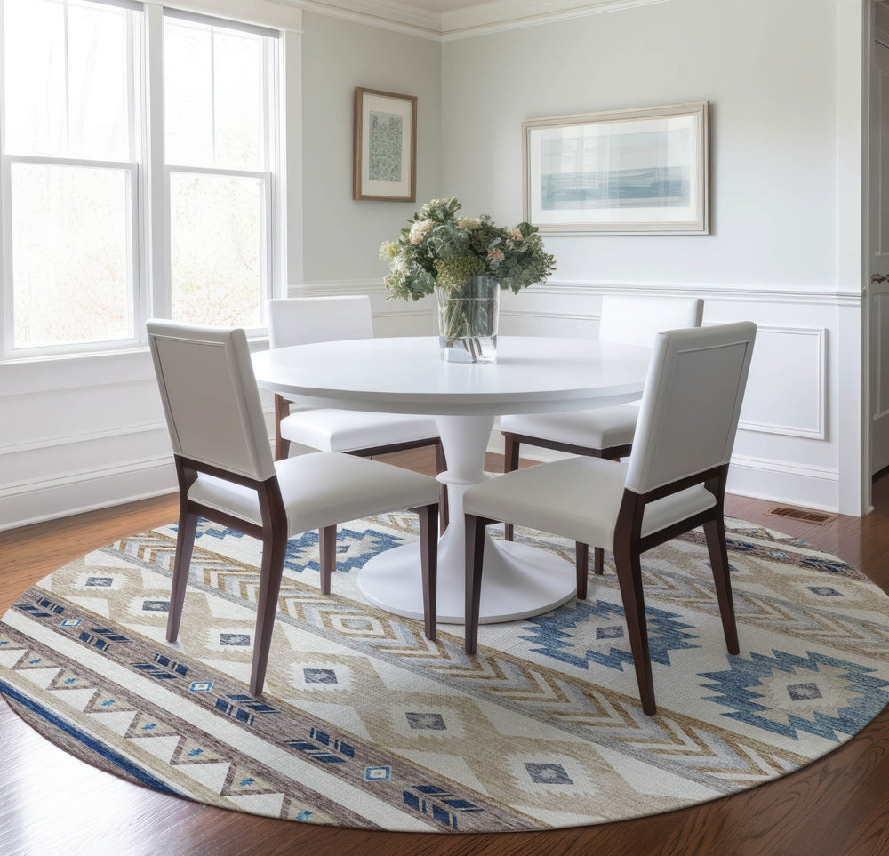Piper Looms Mayfield Aztec AMF178 Taupe Machine Washable Area Rug Round Lifestyle Image Feature