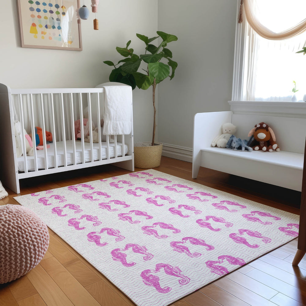 Piper Looms Mayfield Seahorses AMF194 Pink Machine Washable Area Rug Lifestyle Image Feature