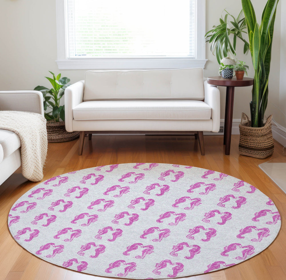 Piper Looms Mayfield Seahorses AMF194 Pink Machine Washable Area Rug Round Lifestyle Image Feature