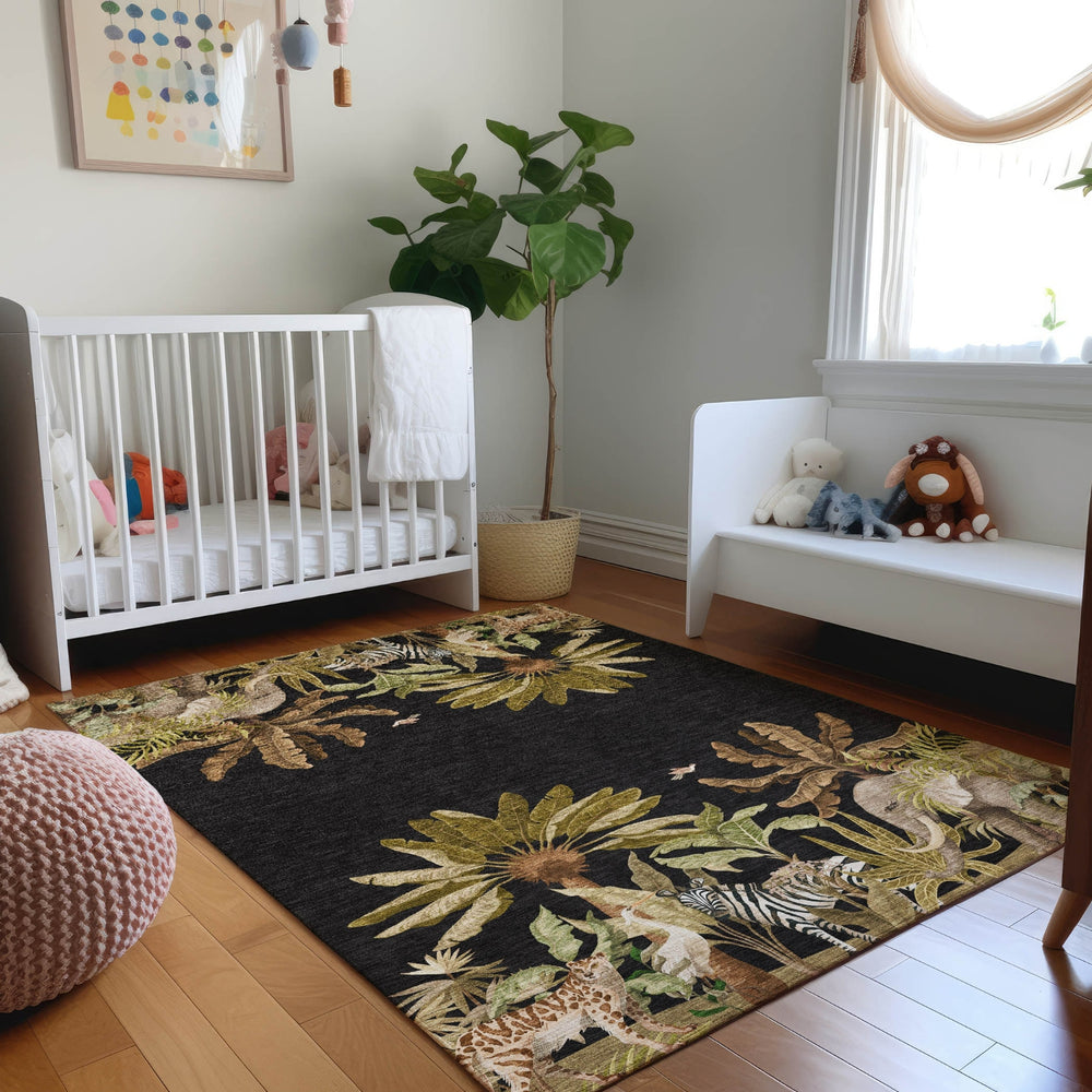 Piper Looms Mayfield Palms and Safari Animals AMF203 Midnight Machine Washable Area Rug Lifestyle Image Feature