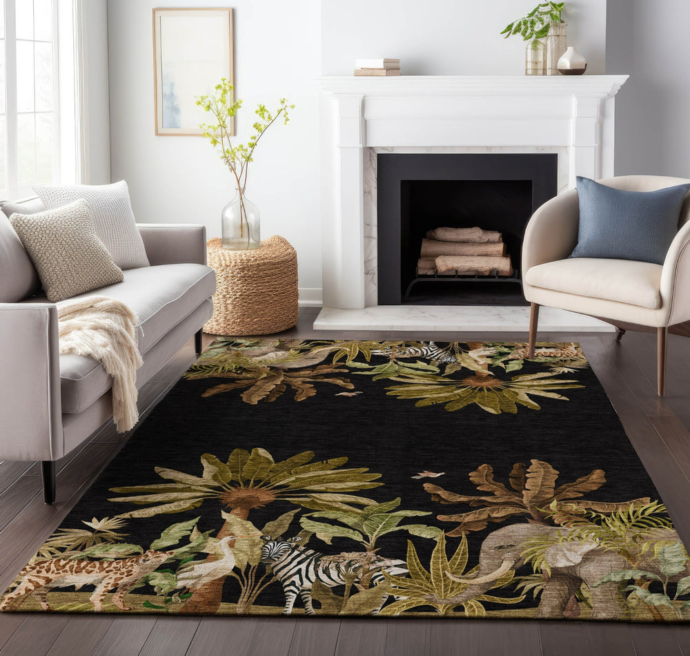 Piper Looms Mayfield Palms and Safari Animals AMF203 Midnight Machine Washable Area Rug Lifestyle Image Feature