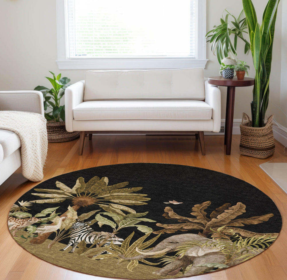 Piper Looms Mayfield Palms and Safari Animals AMF203 Midnight Machine Washable Area Rug Round Lifestyle Image Feature