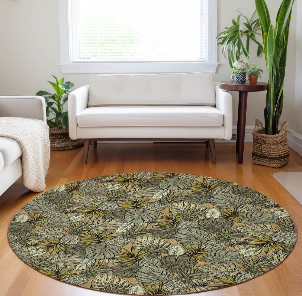 Piper Looms Mayfield Leaves and Pineapples AMF206 Baja Machine Washable Area Rug Round Lifestyle Image Feature