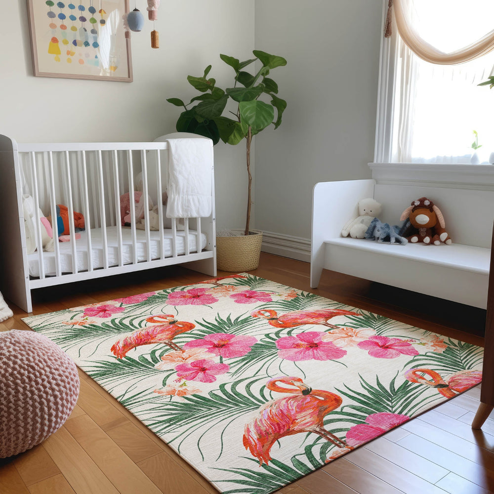 Piper Looms Mayfield Leaves and Flamingos AMF207 Pink Machine Washable Area Rug Lifestyle Image Feature