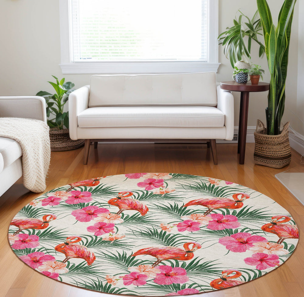 Piper Looms Mayfield Leaves and Flamingos AMF207 Pink Machine Washable Area Rug Round Lifestyle Image Feature
