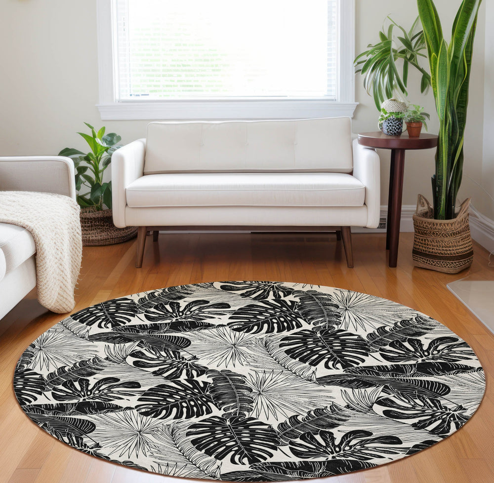 Piper Looms Mayfield Large Leaves AMF211 Midnight Machine Washable Area Rug Round Lifestyle Image Feature