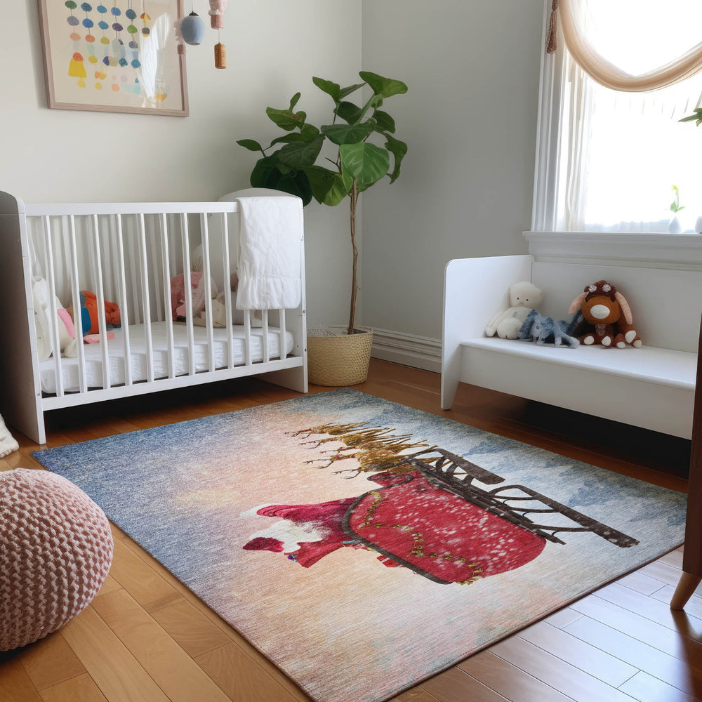 Piper Looms Mayfield Santa Sleigh AMF212 Blue Machine Washable Area Rug Lifestyle Image Feature