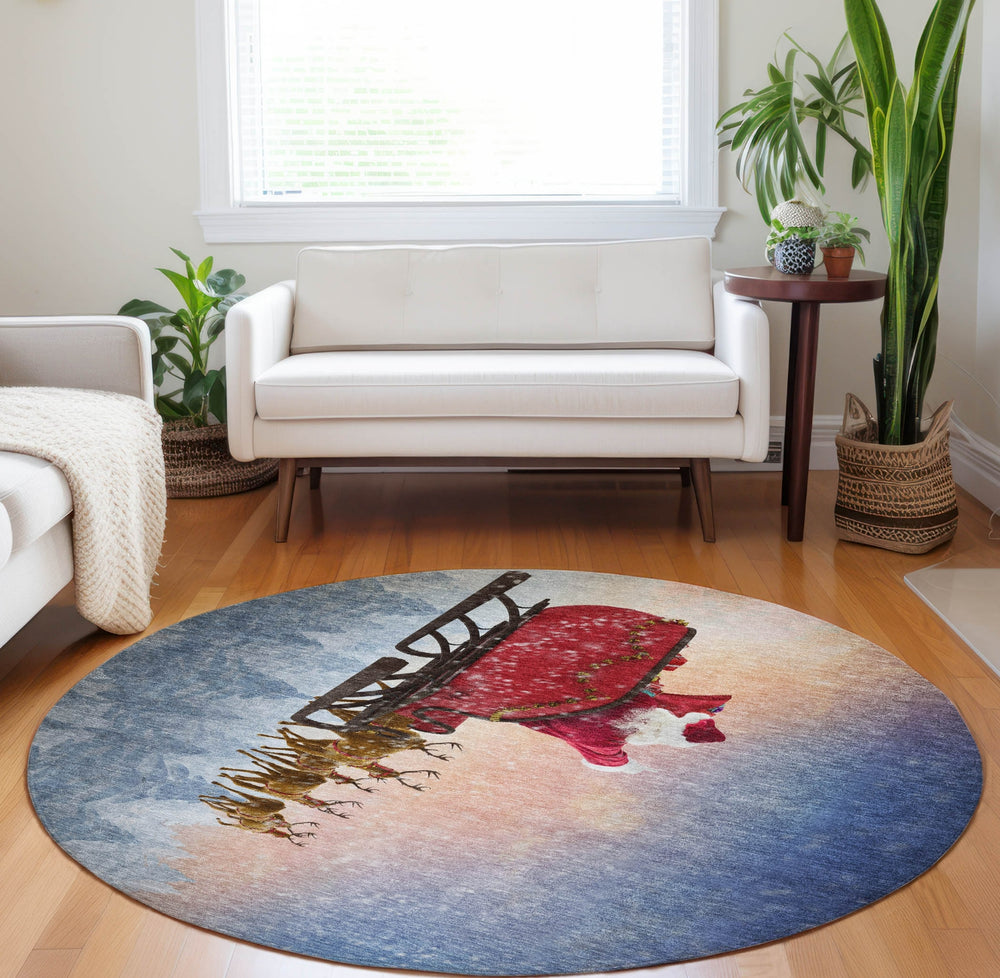 Piper Looms Mayfield Santa Sleigh AMF212 Blue Machine Washable Area Rug Round Lifestyle Image Feature