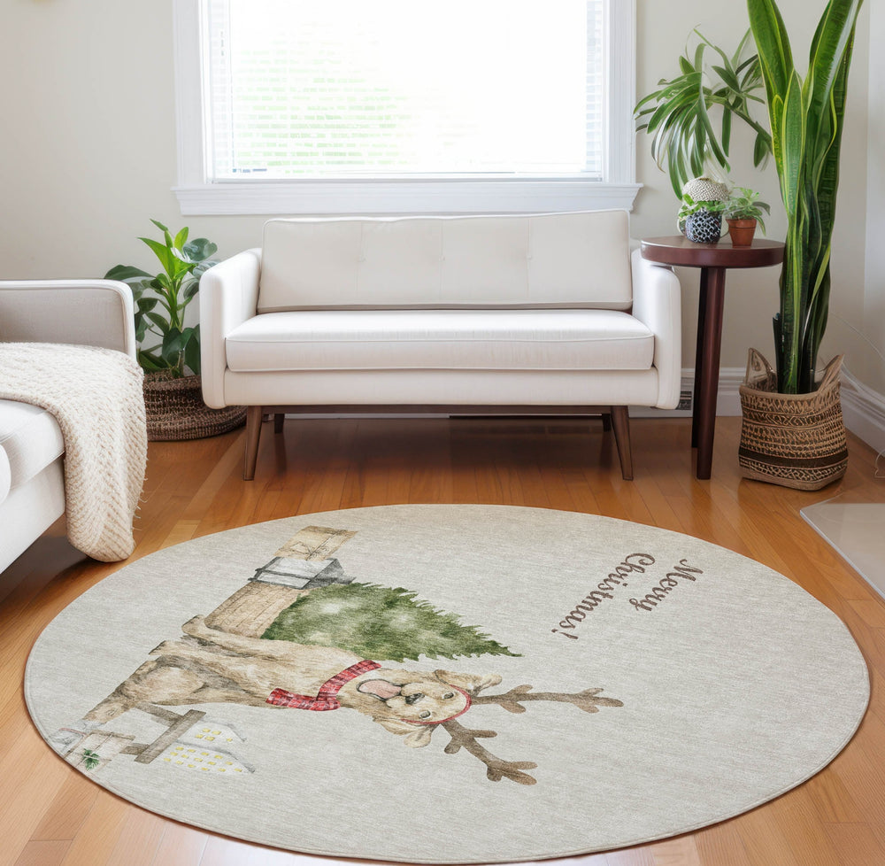 Piper Looms Mayfield Dog and Tree AMF219 Taupe Machine Washable Area Rug Round Lifestyle Image Feature