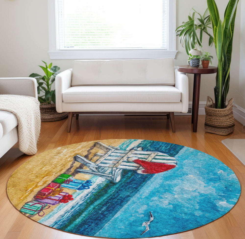 Piper Looms Mayfield Beach AMF220 Blue Machine Washable Area Rug Round Lifestyle Image Feature