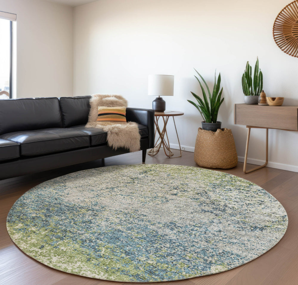 Piper Looms Mayfield Abstract Clouds AMF36 Green Machine Washable Area Rug Round Lifestyle Image Feature