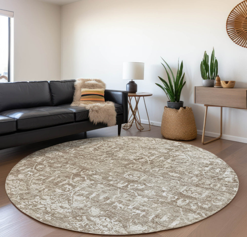 Piper Looms Mayfield Serpentine AMF40 Taupe Machine Washable Area Rug Round Lifestyle Image Feature