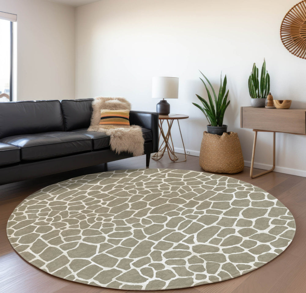 Piper Looms Mayfield Giraffe AMF45 Taupe Machine Washable Area Rug Round Lifestyle Image Feature