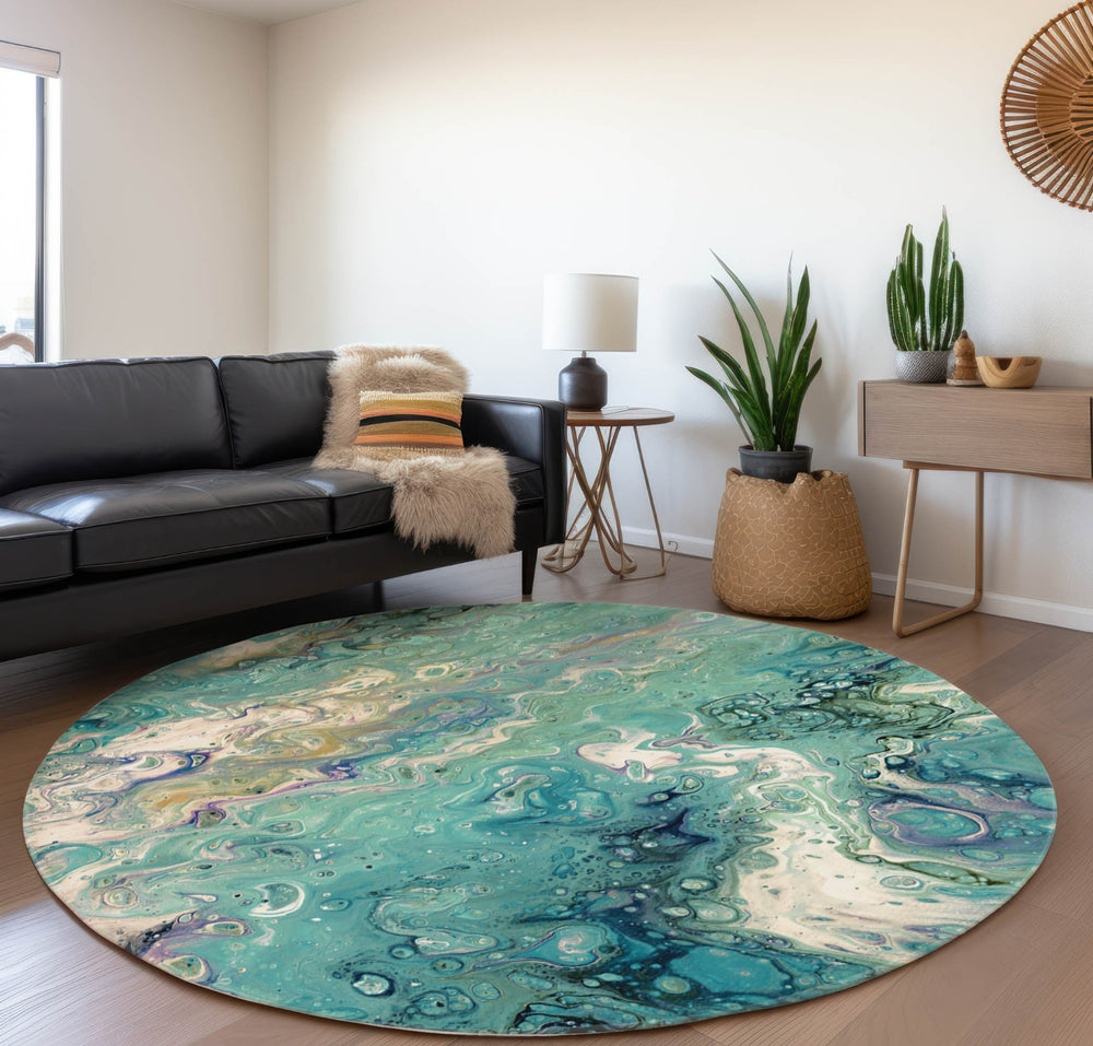 Piper Looms Mayfield Abstract AMF49 Seaglass Machine Washable Area Rug Round Lifestyle Image Feature