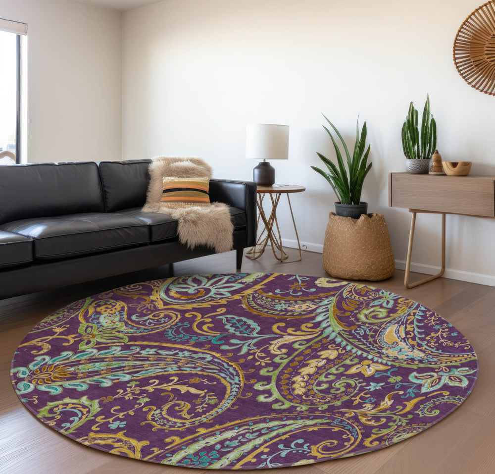 Piper Looms Mayfield Paisley AMF533 Purple Machine Washable Area Rug Round Lifestyle Image Feature