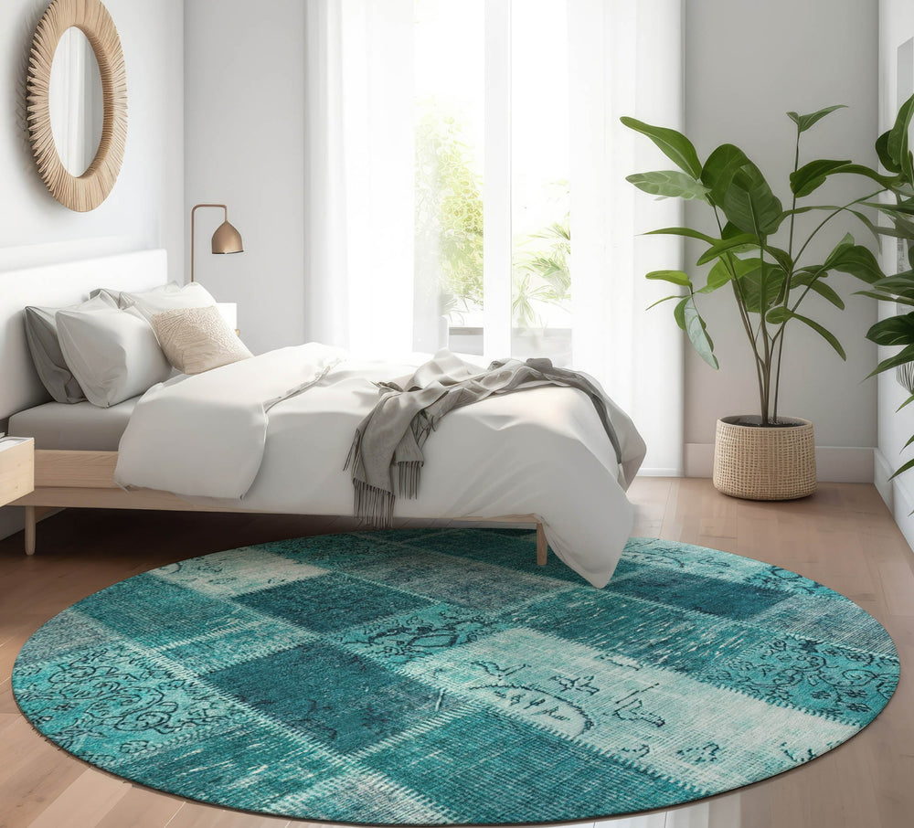 Piper Looms Mayfield Patchwork AMF631 Teal Machine Washable Area Rug Round Lifestyle Image Feature