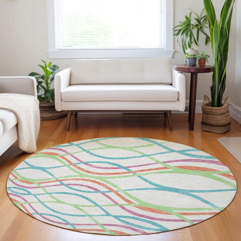 Piper Looms Mayfield Waves AMF757 White Machine Washable Area Rug Round Lifestyle Image Feature