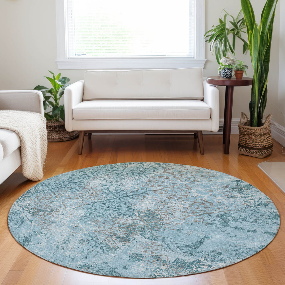 Piper Looms Mayfield Lattice AMF769 Teal Machine Washable Area Rug Round Lifestyle Image Feature