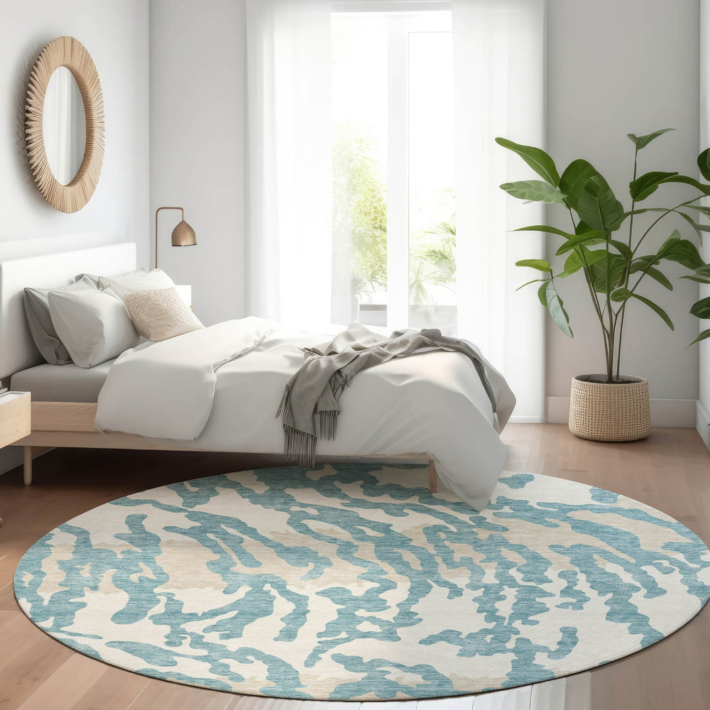 Piper Looms Mayfield Animal Print AMF873 Teal Machine Washable Area Rug Round Lifestyle Image Feature