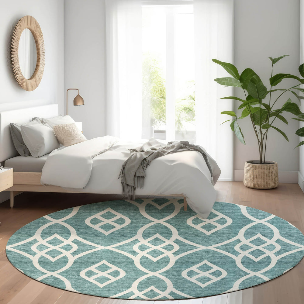 Piper Looms Mayfield Scrolls AMF884 Teal Machine Washable Area Rug Round Lifestyle Image Feature