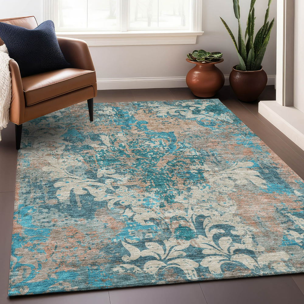 Piper Looms Mayfield Damask AMF936 Teal Machine Washable Area Rug Lifestyle Image Feature