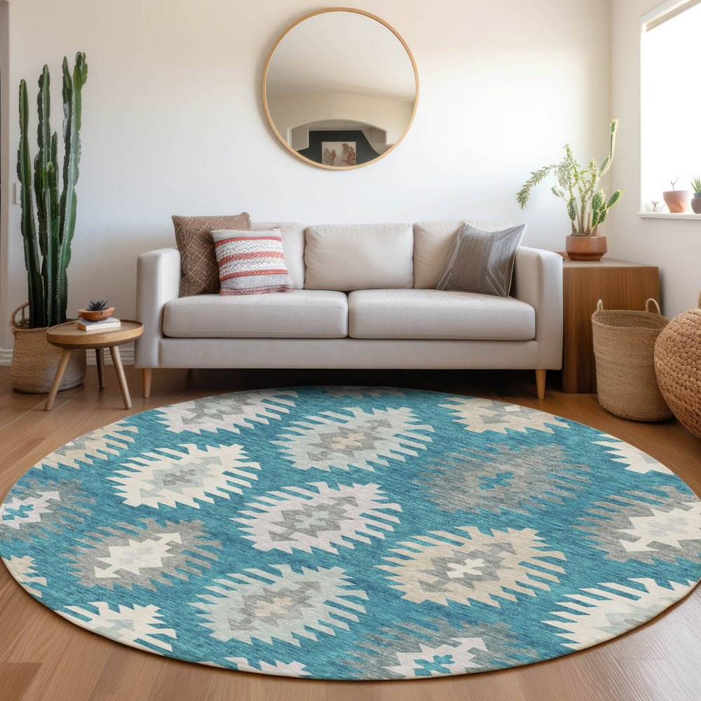 Piper Looms Mayfield Southwest AMF983 Teal Machine Washable Area Rug Round Lifestyle Image Feature