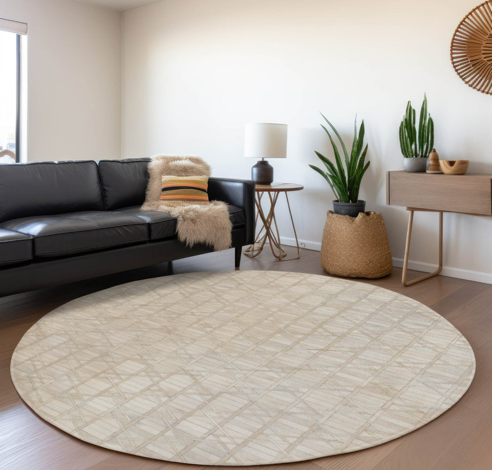 Piper Looms Mayfield Diamond Tracks AMF99 Ivory Machine Washable Area Rug Round Lifestyle Image Feature