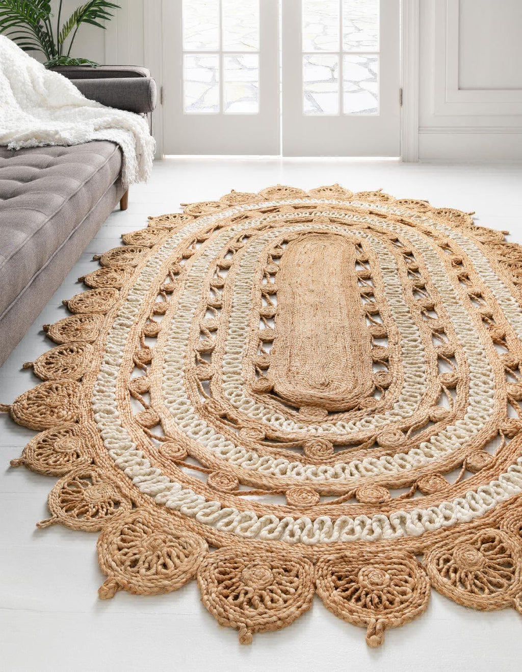 Unique Loom Braided Jute RET-NAT2 Natural and White Area Rug 5' 1'' X 5' 1'' Round Lifestyle Image Feature