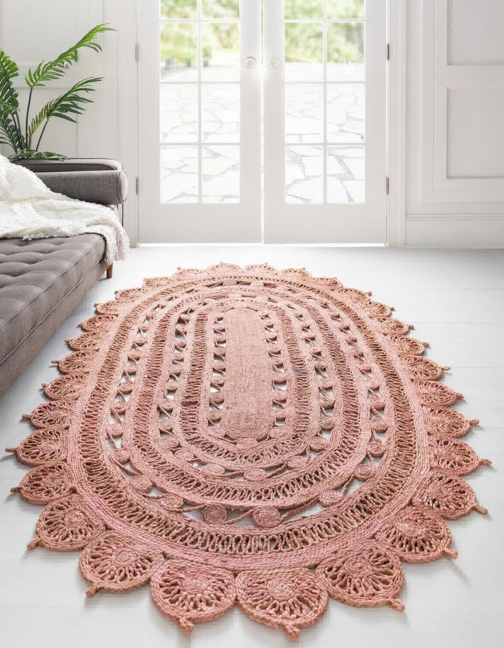 Unique Loom Braided Jute RET-NAT2 Pink Area Rug 5' 1'' X 5' 1'' Round Lifestyle Image Feature