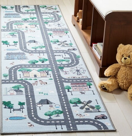 Safavieh Kids Playhouse KPH235M Blue / Dark Grey Machine Washable Area Rug Room Scene Feature