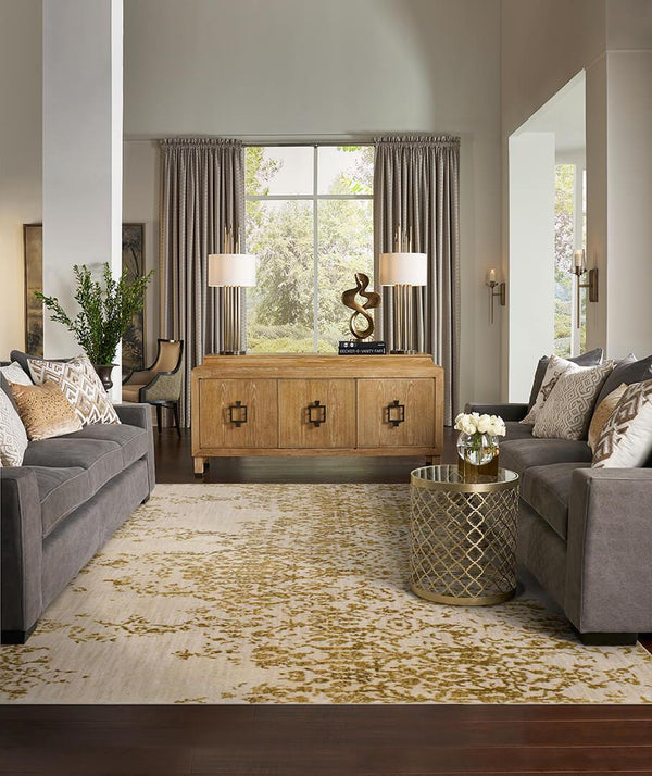 Karastan Cosmopolitan Nirvana Brushed Gold Area Rug by Virginia Langley Room Scene Featured