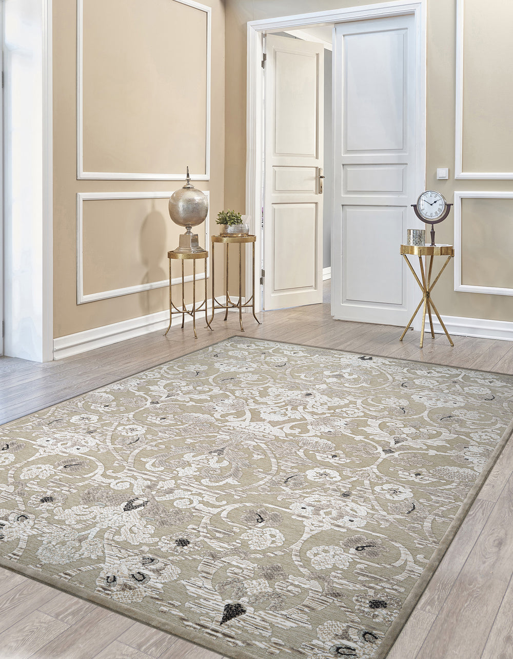Couristan Cire` Aurora Regal Mushrom/Antique Cream Area Rug Lifestyle Image Feature