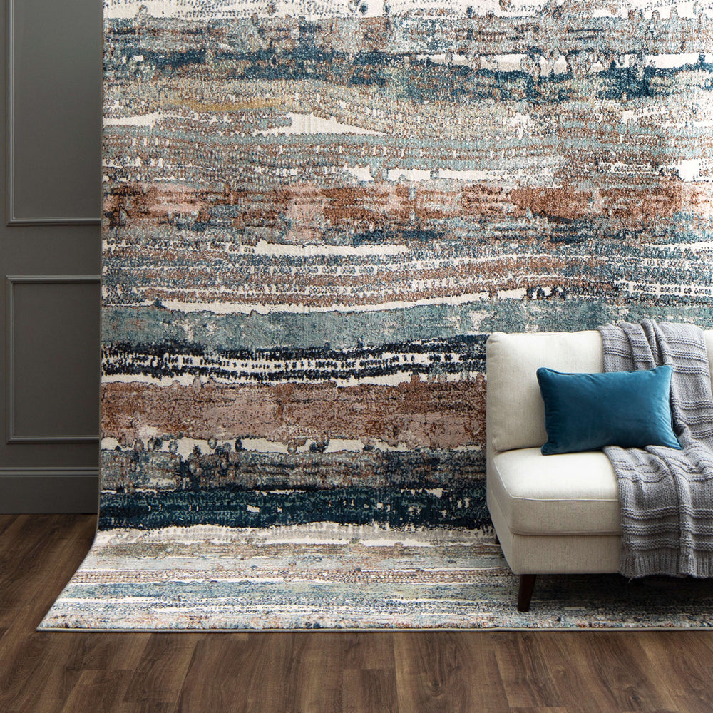 Karastan Epiphany Colorful Waves Robin's Egg Blue Area Rug Room Scene Featured