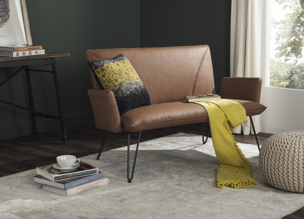 Safavieh Johannes Mid Century Modern Leather Settee Camel and Black Furniture  Feature