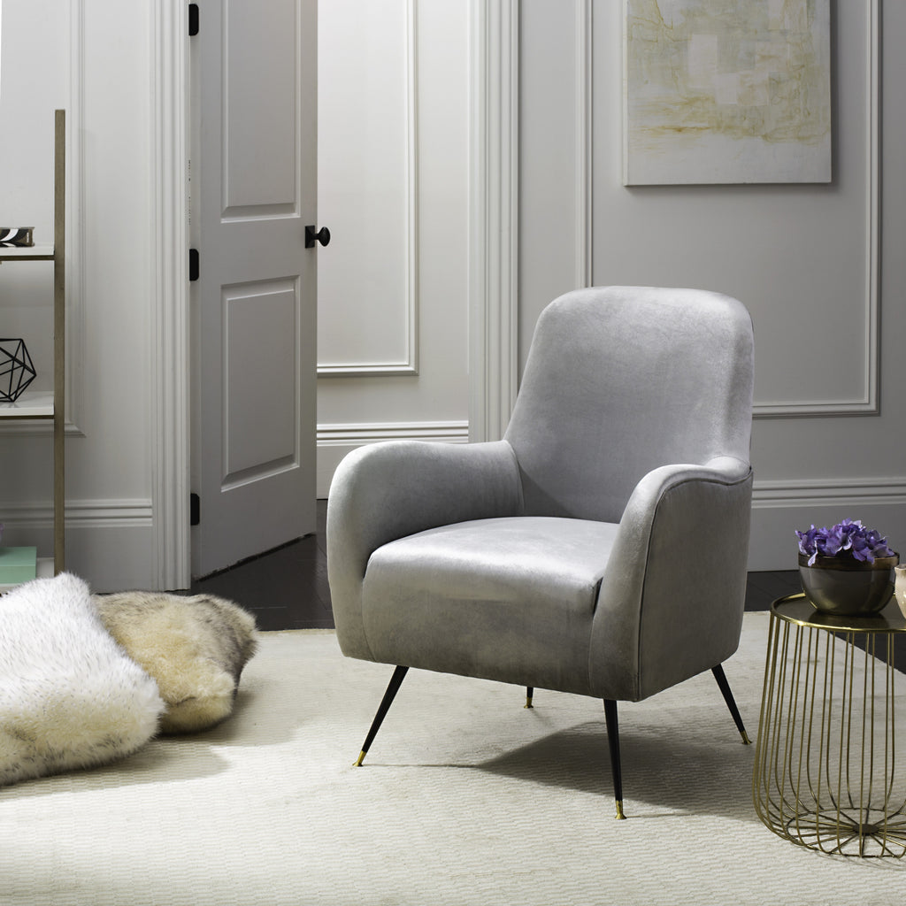 Safavieh Noelle Velvet Retro Mid Century Accent Chair Light Grey Furniture  Feature